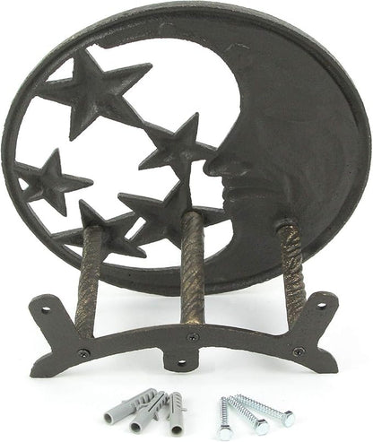 Zeckos Cast Iron Crescent Moon Face and Stars Decorative Wall Mounted Hanging Garden Hose Hanger Bronze Finish - Outdoor Hose Holder Décor - 12 Inches in Diameter
