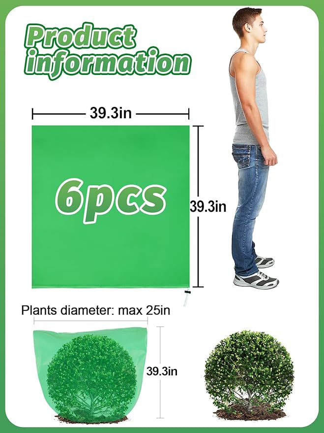 ANPHSIN 6 Pcs 39.3in x 39.3in Plant Covers Freeze Protection - Winter Shrub Plant Protection Bags, Frost Blankets Cloths with Drawstring for Outdoor Garden Potted Plants, Green