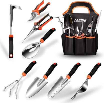 Garden Tool Set, 9 Piece Stainless Steel Heavy Duty Gardening Tool Set, with Non-Slip Rubber Grip, Storage Pocket, Ideal Gardening Gifts for Men