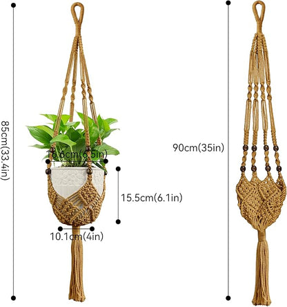 USLAI Macrame Plant Hanger for Indoor Outdoor, Up to 3-6.5 inch Pot, Hanging Planter Flower Pot Holder with Beads and Tassels, Boho Home Decor, 2-Pack, Brown