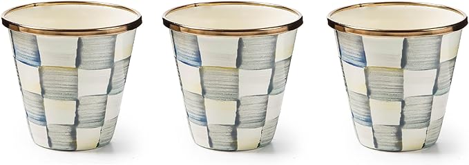 MACKENZIE-CHILDS Enamel Herb Pots, Small Plant Pots for Herbs or Flowers, Set of 3, Gray-and-White Sterling Check