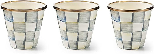 MACKENZIE-CHILDS Enamel Herb Pots, Small Plant Pots for Herbs or Flowers, Set of 3, Gray-and-White Sterling Check