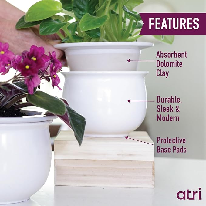 African Violet Pots Self Watering – 6.5”W x 4.6”H Ceramic Self Watering Pots for Indoor Plants with Glazed White Outer Pot & Absorbent Inner Pot for Easy Plant Care