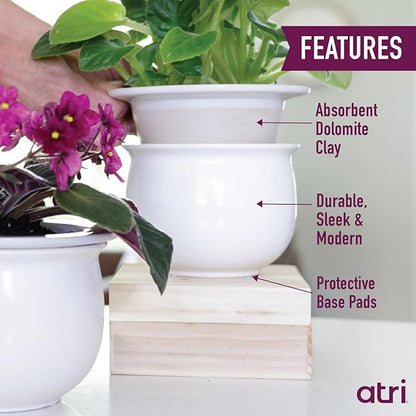 African Violet Pots Self Watering – 6.5”W x 4.6”H Ceramic Self Watering Pots for Indoor Plants with Glazed White Outer Pot & Absorbent Inner Pot for Easy Plant Care