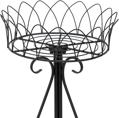 Black Round Low Plant Stand Single Pot Holder, Antique French Pedestal with Cutout Patterns, Compact Garden Decor for Cactus Ferns Plant Holder