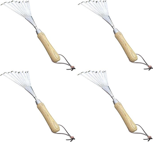 Garden Guru Eco Hand Rake Soil Tiller- 100% Recycled Stainless Steel - Rust Resistant - FSC Certified Wood Ergonomic Handle - Great for Gardening Cultivating,Loosening Soil & Spreading Mulch (4 Pack)