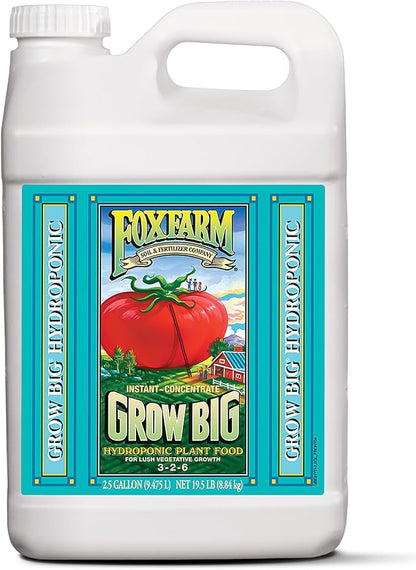 FoxFarm Grow Big Hydro Liquid Fertilizer, Plant Food with Micro Nutrients for Hydroponic Systems - Enhances Vegetative Growth, Flowering, and Fruiting - pH Adjustable, NPK 3-2-6 (2.5 Gallons)