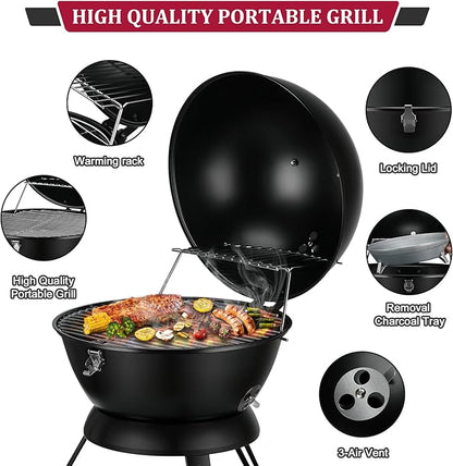 14inch Portable Charcoal Grill with Warming Rack, Small bbq Charcoal Grill Tabletop Foldable Grills for Backyard, Camping, Black