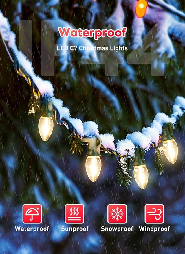 Brightown C7 Clear LED Christmas String Lights Outdoor, 100FT Connectable Vintage Hanging Lamps with 104 0.6W Bulbs(4 Spare) for Xmas Holiday Party Patio Roofline House Decor