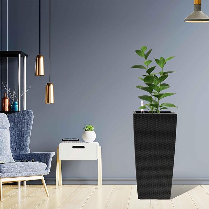 2 Pack Tall Planters for Indoor or Outdoor Plants, Self-Watering Pots with Drain Holes, 22-Inch High Faux Rattan Design Modern Tall Square Planter Box for Porch, Patio, Backyard (Pack of 2, Black)