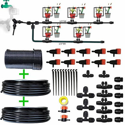 Drip Irrigation System Drip Irrigation Kit 64ft 5/16“ID Inche 64FT 1/4 Inch OD Pipe Kits Solutions for Large Gardens with Low Water Pressure Away from The Water Source
