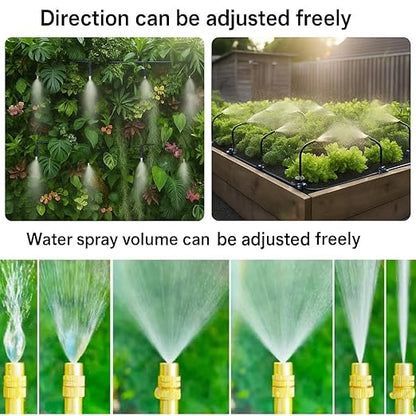 Automatic Garden Irrigation System 100ft, Upgraded Drip & Spray Watering Kit with 18 Adjustable Copper Nozzles for Raised Beds, Outdoor Garden, Lawn, Potted Plants & Greenhouse (100ft)