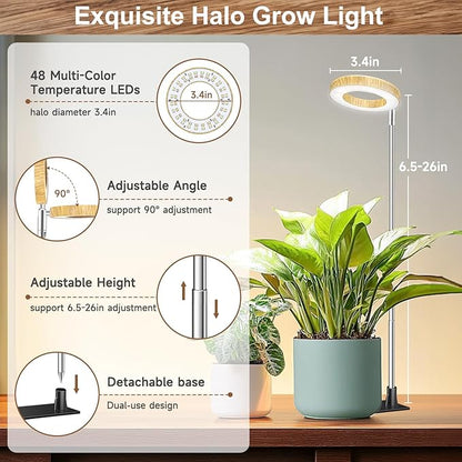 Grow Light, 48 LEDs Full Spectrum Plant Lights for Indoor Growing, Height Adjustable Wood Grain Plant Grow Light with Base, 3 Optional Spectrums, Auto Timer 6/12/16Hrs, 5 Brightness