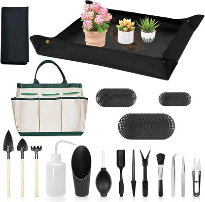 LASZOLA 45 pcs Repotting Set with Potting Mat Tiny Tools for Indoor Plants Succulents, Gardening Bag Kit with Waterproof Tray and Mini Tools, Ideal for Soil Replacement Seedling Transplanting, Black
