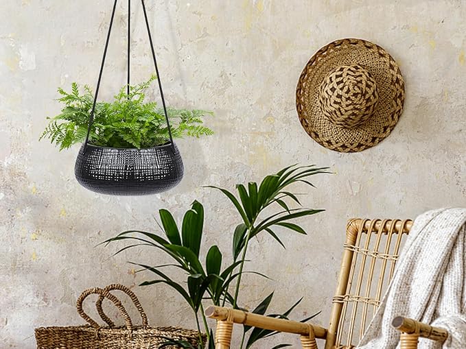 8 Inch Hanging Planters for Indoor Plants - Small Hanging Flower Pots with Drainage Holes Round Ceramics Hanging Plant Pots Black