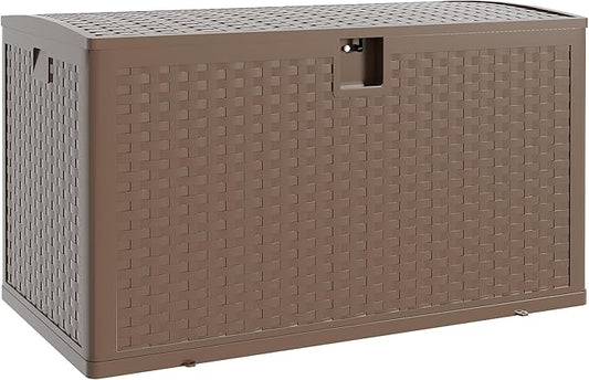 120 gal Brown Resin Deck Box, Outdoor Storage Box Waterproof Lockable, Patio Deck Box For Package Delivery, Outside Storage Box Container for Furniture Cushions, Garden Tools, Pool Accessories
