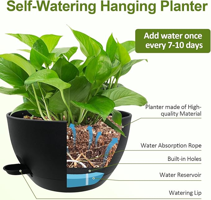 WOUSIWER Self Watering Hanging Planters, 2 Pack 12'' Plastic Pots with Drainage Holes & Reservoir Tray (Black) | Indoor & Outdoor Use for Ferns, Ivy, Herbs, Succulents