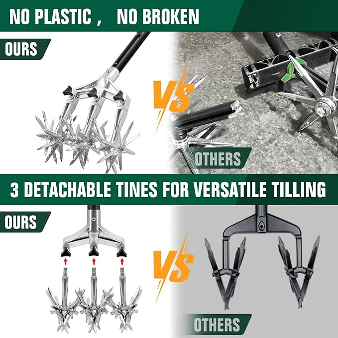 Rotary Cultivator Garden Tiller, Hand Cultivator with Detachable Thicker Tines&Strong Force Handle, Cultivators for Gardening, Rotary Tiller for Soil Mixing, Prepare New Garden