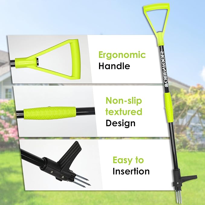 ORIENTOOLS Weed Puller Stand Up Weeder Hand Tool with 3 Claws for Dandelion, Steel Twist Hand Weed Root Pulling Tool Grabber and Picker, 38" Long Handle Lawn Easy Root Remover Garden Tool with D-Grip