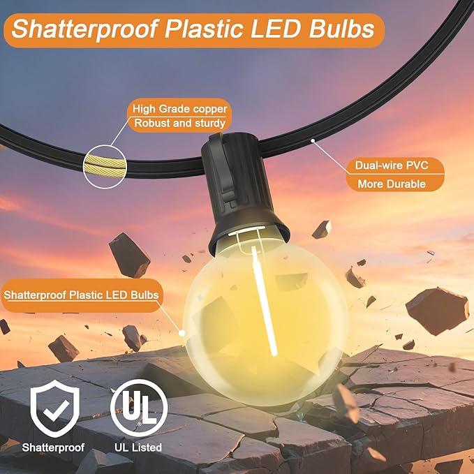 G40 LED Globe Outdoor String Lights 25FT, Waterproof & Shatterproof with 25 Clear Plastic Bulbs (2 Spare), Black Wire,for Cafe Bistro Porch Garden Balcony Party Decor