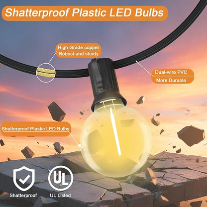 G40 LED Globe Outdoor String Lights 25FT, Waterproof & Shatterproof with 25 Clear Plastic Bulbs (2 Spare), Black Wire,for Cafe Bistro Porch Garden Balcony Party Decor