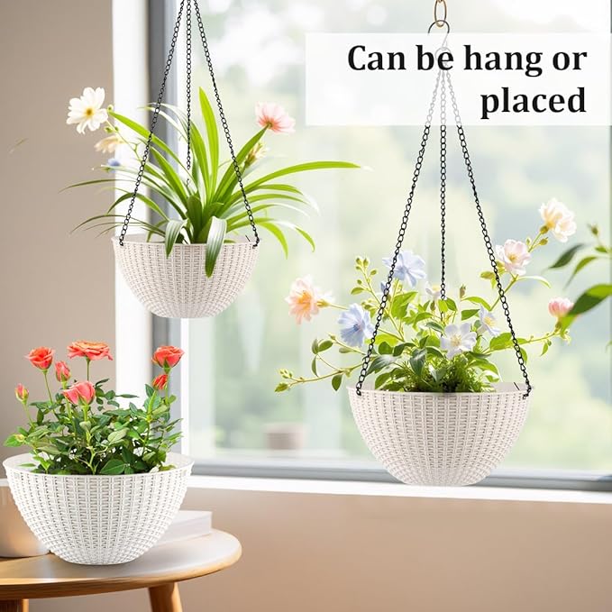 Hanging Planters for Indoor Outdoor Plants 8 and 10 Inch, 4 Packs Hanging Flower Pot with Drainage Holes, Self-Watering Hanging Basket Perfect for Home, Office and Garden, White