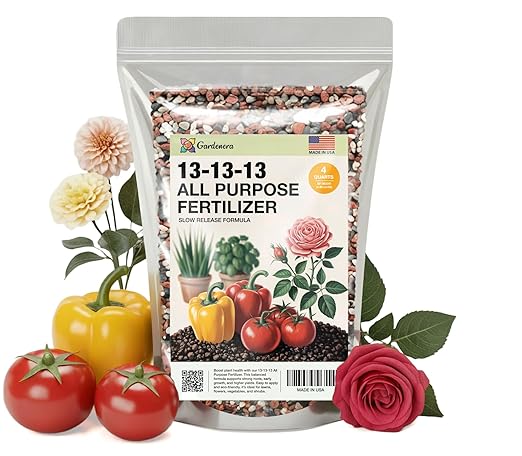 Gardenera 13-13-13 Slow Release Granular Fertilizer – All Purpose Plant Food 13 13 13 for Outdoor Grass, Vegetables, Roses, Flowers, Shrubs, Trees. Lawns, Gardens, Potted Plants (4 Quarts)