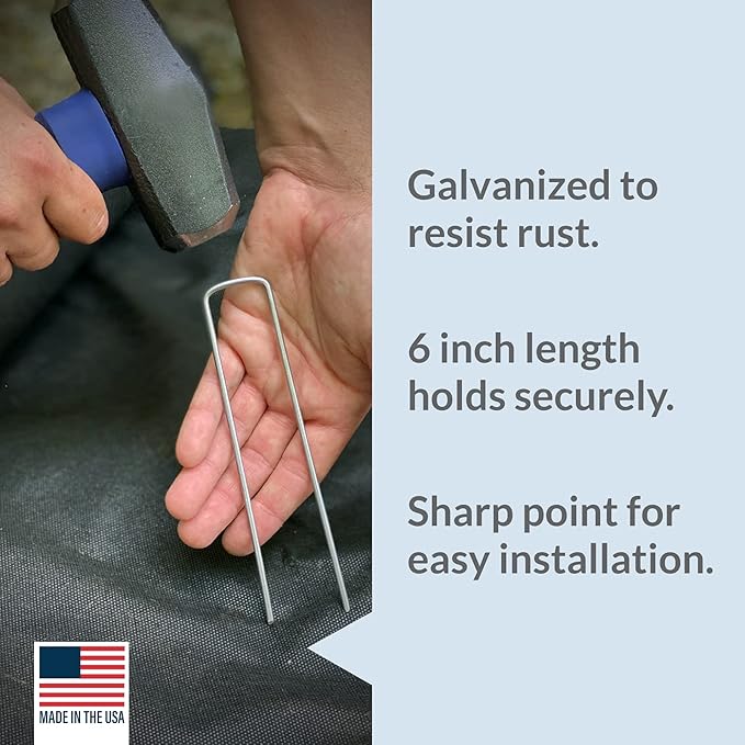 Pinnacle Mercantile USA Made 50 Pack Garden Landscape Staples Weed Barrier Fabric Stakes Galvanized 6 inch Pins Anti Rust Sod Staple 11 Gauge Steel