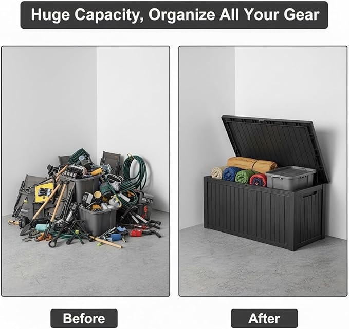 180 Gallon Resin Deck Box with Lockable Lid - Outdoor Waterproof Storage for Patio Furniture, Garden Tools, Cushions & Pool Accessories, All-Weather Wood Grain Design