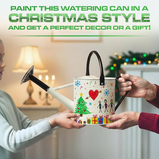 Plexon 1 Gallon Metal Watering Can Outdoor, Flower Plant Gardening Garden Large Watering Can Pot, Black Galvanized Steel Handles and Removable Spray Spout, Off-White