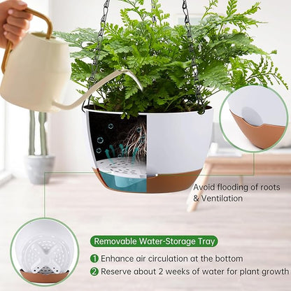Set of 2 8 Inch Self Watering Hanging Planters for Indoor Outdoor Plants, Color Blocking Hanging Baskets Flower Pots with Drainage Hole & Removable Water-Storage Tray