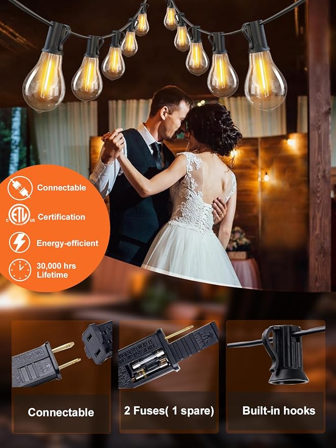 DAMAING Outdoor String Lights 100FT Patio String Lights Waterproof with 43 Shatterproof Dimmable A39 LED Edison Bulbs Connectable Outdoor Lighting for Backyard Bistro and Balcony 2700K