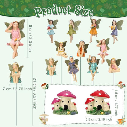 Fumete 13 Pcs Miniature Fairies & Mushroom House Figurines - Mini Garden Accessories for Outdoor Yard & Home Decoration