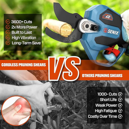 SENIX Cordless Electric Pruning Shears with 2000mAh Battery& Charger, 20V Brushless Motor Pruner, Dual Mode Cutting 1.5" Max for Delicate Flowers & Thick Branches, Gardening, Tree Pruners, Orchard