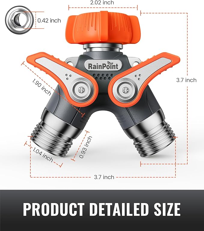 RAINPOINT Garden Hose Splitter, 2 Way Heavy Duty Water Hose Y Spigot Splitter with Shutoff Valves, 100% Metal Body Outdoor Faucet Splitter, 1.9" Extra Long Metal Handle, 3/4" GHT Thread (2, Orange)