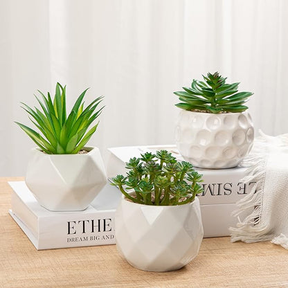 Briful Artificial Succulents Plants in Ceramic Pots, 3 Pack Faux Succulent Set with White Geometric Planters – Modern Desk Decor for Home Office Shelf Bathroom, Small Fake Plants Potted
