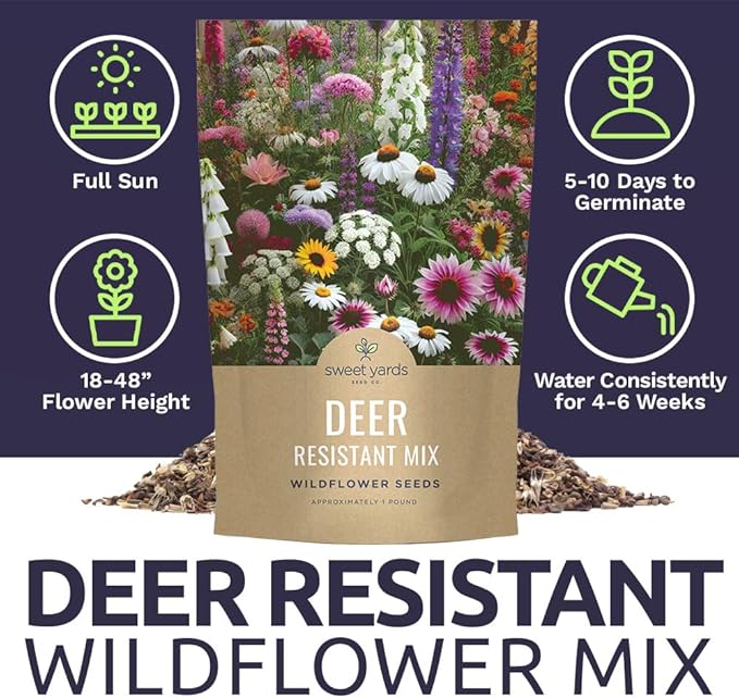 Deer Resistant Wildflower Seed Mixture - Bulk 1 Pound Bag - Over 240,000 Deer Tolerant Seeds - Open Pollinated and Non GMO