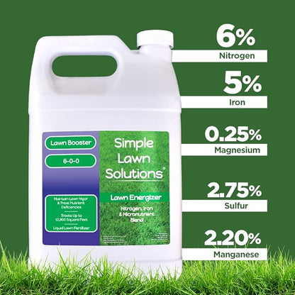 Commercial Grade Lawn Energizer - Grass Fertilizer Booster with Nitrogen, Iron, Micronutrients - Liquid Turf Spray Concentrated Fertilizer- Any Grass Type - Simple Lawn Solutions (1 Gallon)