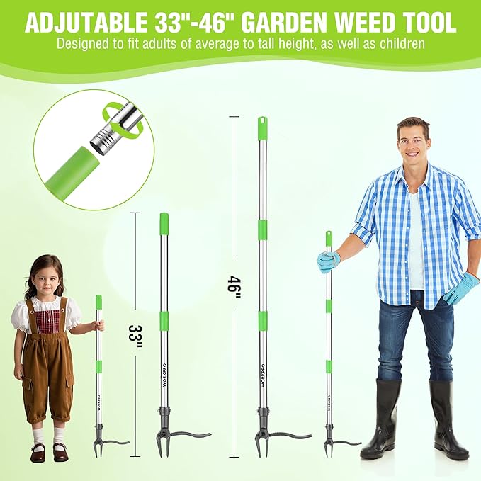 WORKPRO Weed Puller Tool with Long Adjustable Handle (33", 46"), Stand Up Heavy Duty Weed Remover- 4 Claw Steel Head & Foot Pedal for Easy Weeding, Detachable Dandelion Picker for Lawn/Yard/Garden