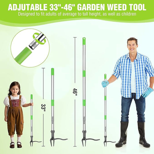 WORKPRO Weed Puller Tool with Long Adjustable Handle (33", 46"), Stand Up Heavy Duty Weed Remover- 4 Claw Steel Head & Foot Pedal for Easy Weeding, Detachable Dandelion Picker for Lawn/Yard/Garden
