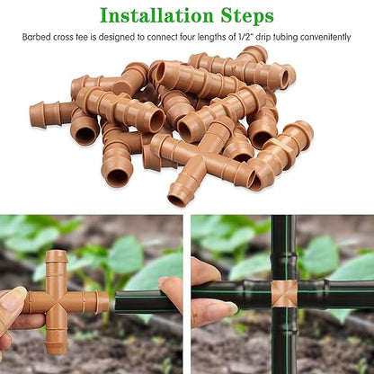 Drip Irrigation Barbed Cross Tee：10 Pack Drip Irrigation Cross Parts Fits for 1/2 Inch Drip Irrigation Tubing 17mm 0.600" ID Barbed Connectors for Patio Lawn Garden