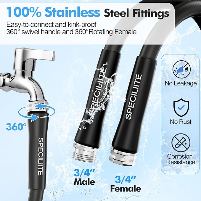 SPECILITE 5/8" Hot/Cold Garden Hose 50 ft with Industrial High Pressure Nozzle, Flexible & Lightweight, 600psi Burst Rubber Water hose -50℉-158℉ With 3/4"Stainless Steel Fittings for Yard, Black