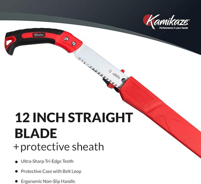 EZ Kut Kamikaze Straight Blade Pruning Saw – 18" Heavy Duty SK5 Carbon Steel – Japanese Pull-Cut Technology – Ergonomic Anti-Fatigue Grip – Tree Trimming Hand Saw with Scabbard