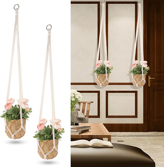 Extra Long Macrame Plant Hanger, 2 Pack Boho Hanging Planters Baskets for Indoor Plants Decorative Braided Cotton Rope Flower Pot Holder with Metal Hook Rings for Outdoor Home Decor, 34 Inches