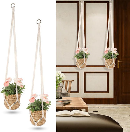 Extra Long Macrame Plant Hanger, 2 Pack Boho Hanging Planters Baskets for Indoor Plants Decorative Braided Cotton Rope Flower Pot Holder with Metal Hook Rings for Outdoor Home Decor, 34 Inches