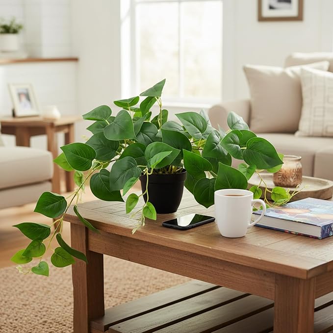 Tiita 1 Pack Fake Plants Artificial Scindapsus Aureus in Pots, Realistic Fake Greenery Potted Plants for Home Office Desk Window Sill Bathroom Bedroom Outdoor Indoor