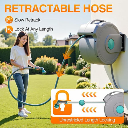 AXTRIM 100 ft x1/2 in Retractable Garden Hose Reel, Premium Wall Mounted Water Hose Reel with 10-Pattern Spray Nozzle, Any Length Lock, Slow Return System, 180° Metal Swivel Bracket, Anti-UV