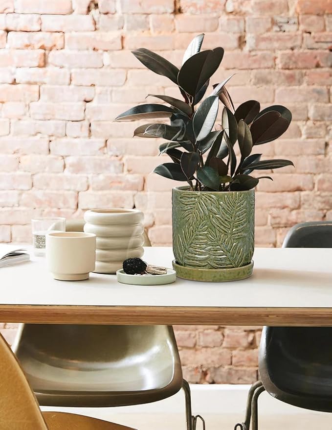 5.5 Inch Ceramic Planter Pots with Drainage Holes, Saucers for Indoor-Outdoor Plants, Succulent Orchid Flower Large Round Plant Pot Green