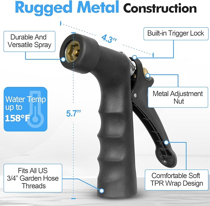 SPECILITE 5/8" Hot/Cold Garden Hose 50 ft with Industrial High Pressure Nozzle, Flexible & Lightweight, 600psi Burst Rubber Water hose -50℉-158℉ With 3/4"Stainless Steel Fittings for Yard, Black