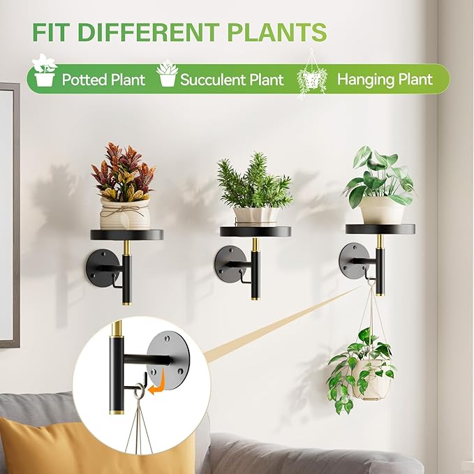 DELLAN Wall Plant Holder, 3 Pack Metal Wall Planters Stand Floating Shelves for Indoor Plants, Window Sill Plant Decor for Bedroom, Bathroom, Living Room, Home, Office, BlackGold